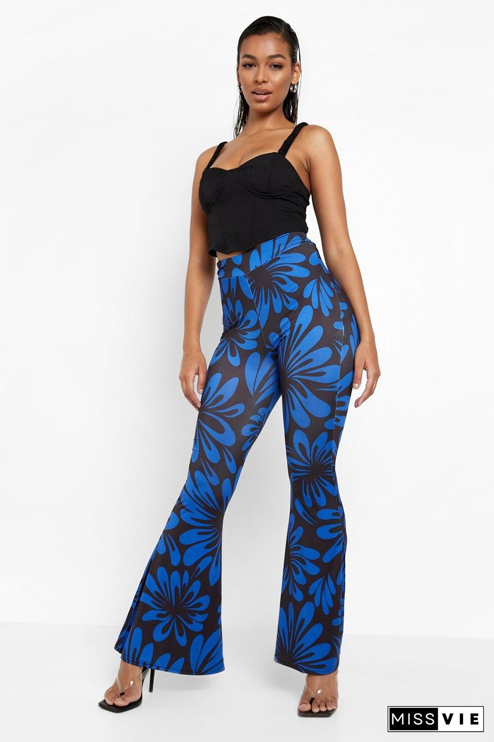 Floral Print High Waist Flared Long Pants