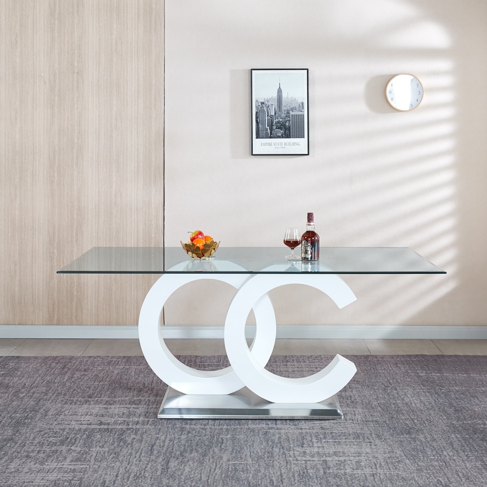 Tempered Glass Dining Table with MDF Middle Support and Stainless Steel Base for Modern Design