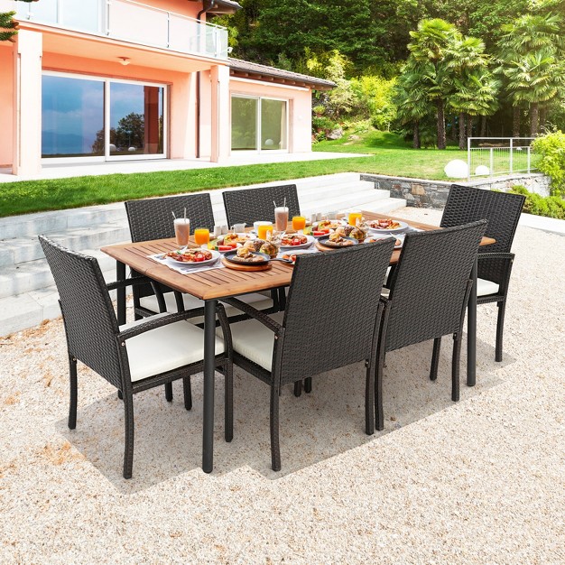 Costway 7pcs Patio Wicker Dining Set Cushion Armchairs Acacia Wood Table With Umbrella Hole