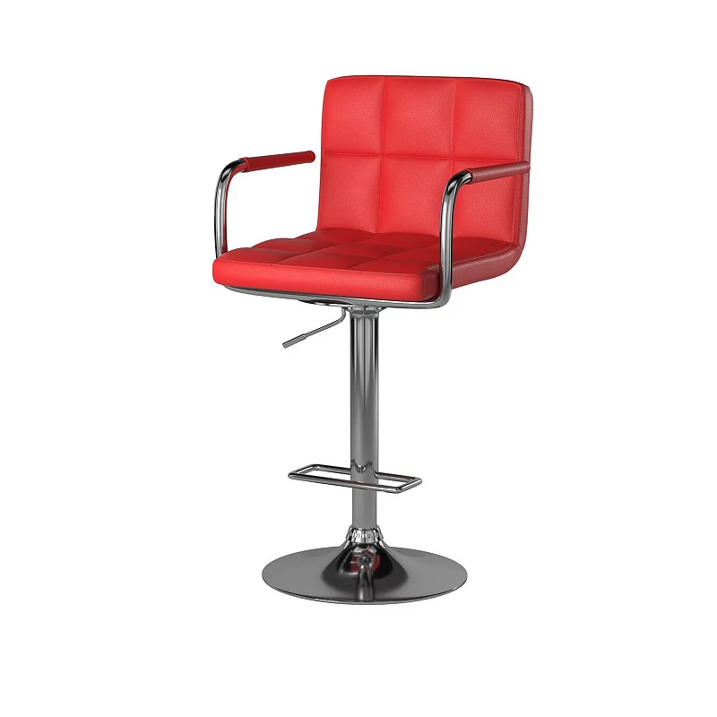 Leatherette Swivel Barstool with Square Stitched Details， Red and Silver