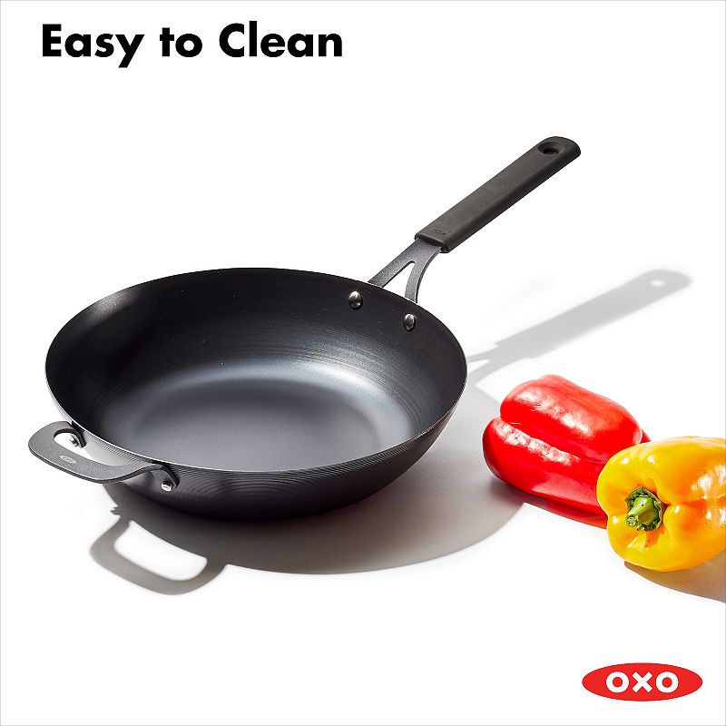 OXO Obsidian Pre-Seasoned Carbon Steel 12-in. Induction Wok Pan with Removable Silicone Handle Holder