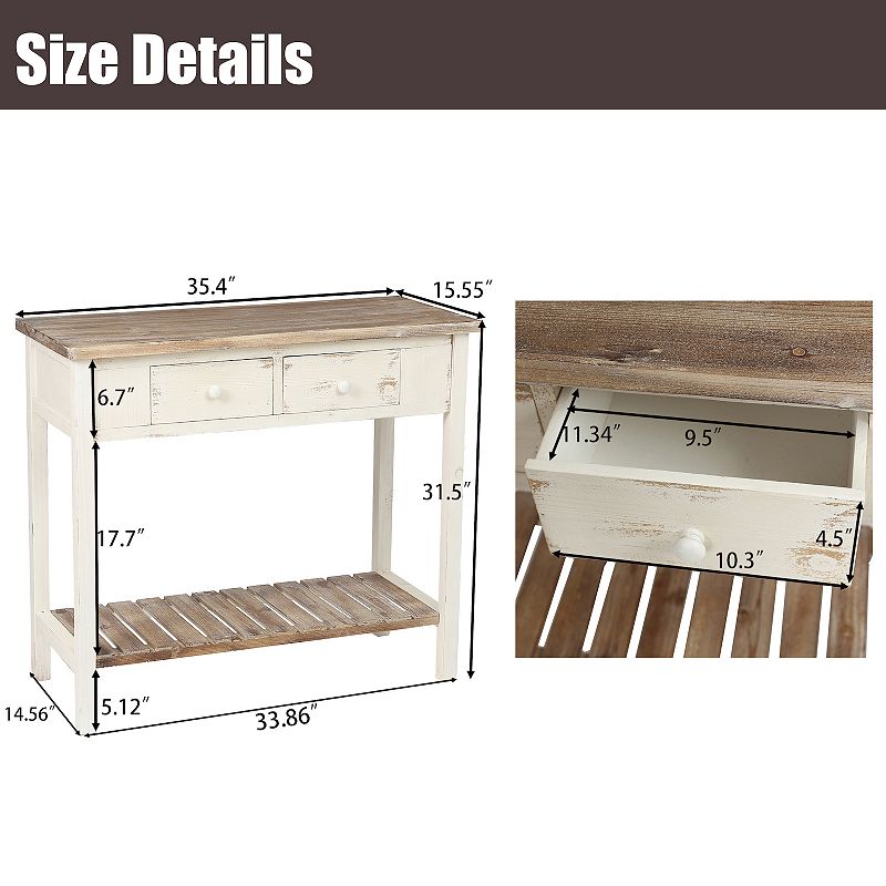 LuxenHome Distressed White And Wood 2-drawer 1-shelf Console And Entry Table