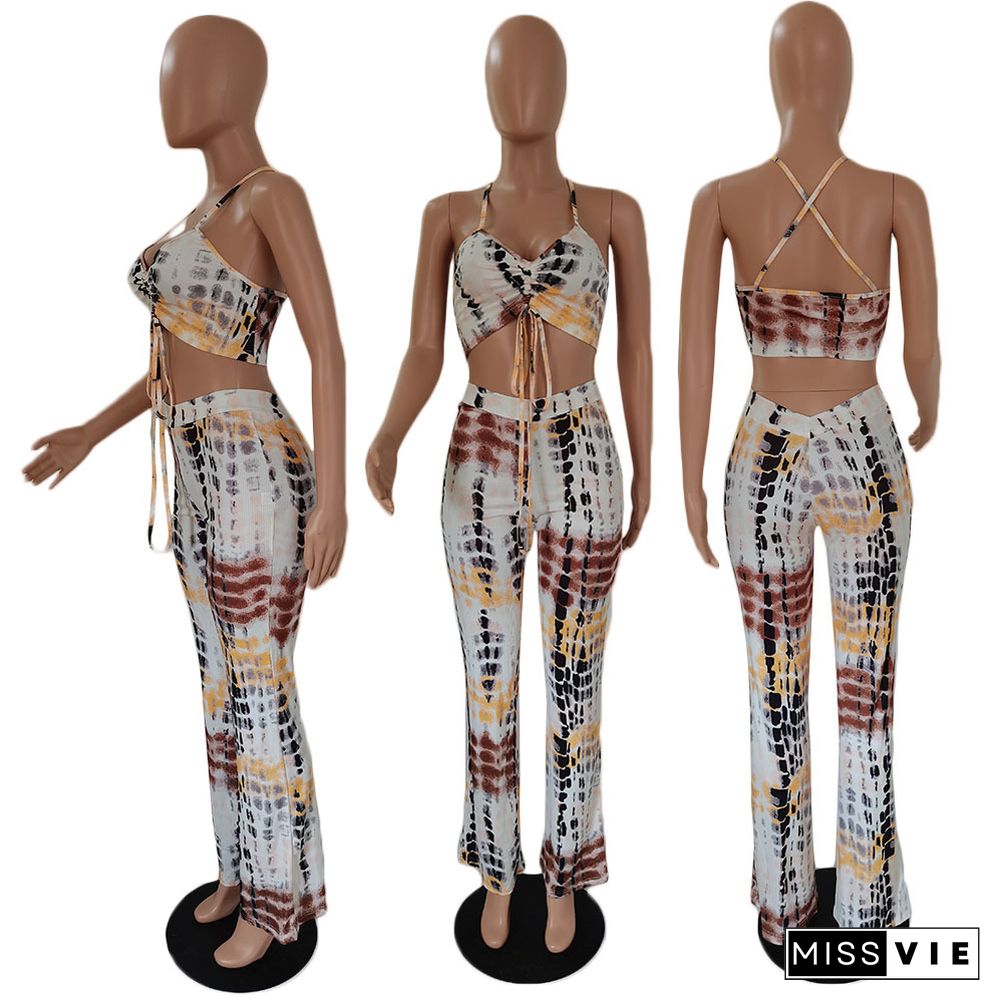 Fashion Women Tie Dye Print Tie Up Halter Camisole Crop Top Fitness Pants Streetwear Two Piece Set