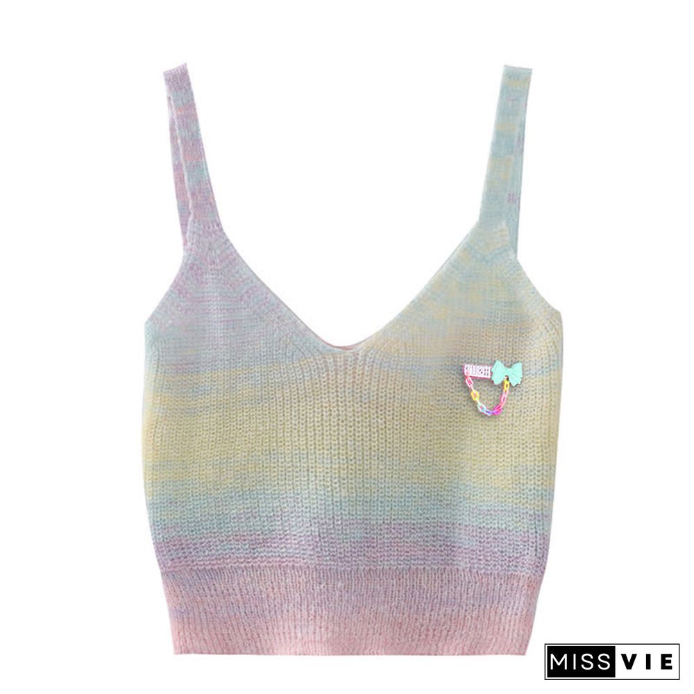 Rainbow Bowknot Decor Knitted Cami Top Cardigan Sweater