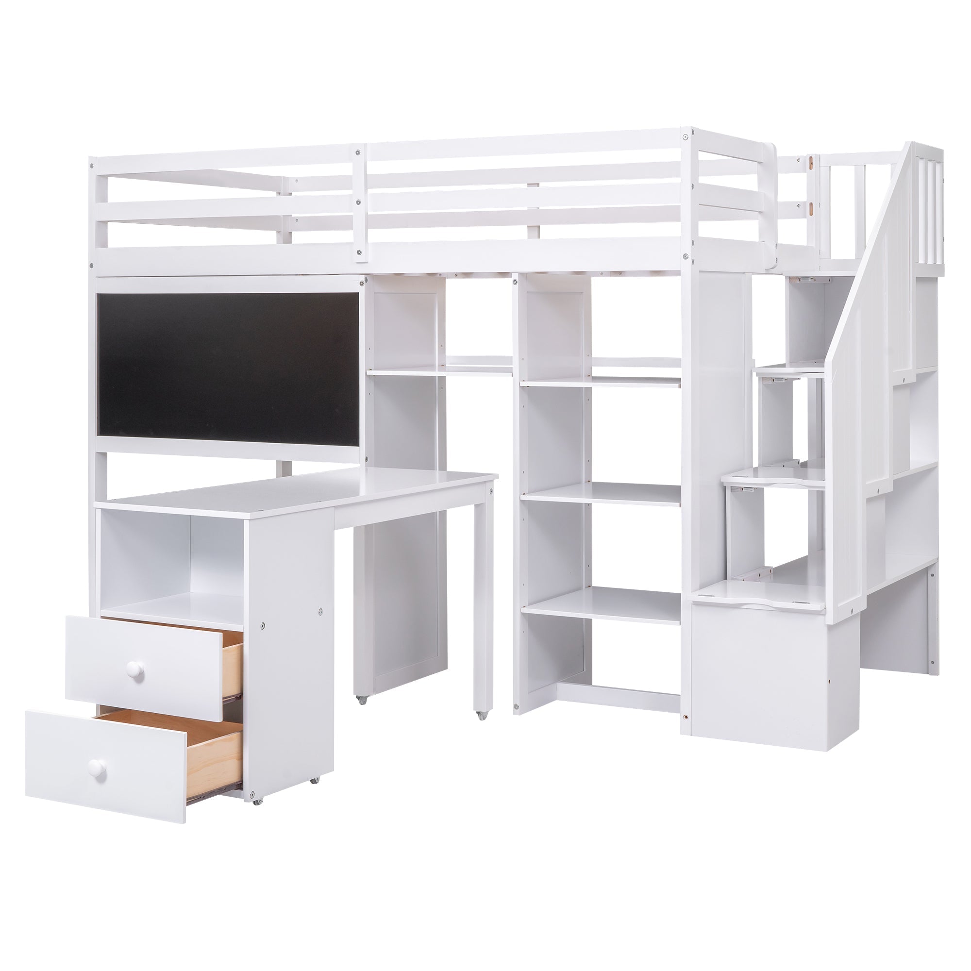 Pine Wood Loft Bed with Storage Staircase, Desk, Drawers and Blackboard for Kids, Twin, White