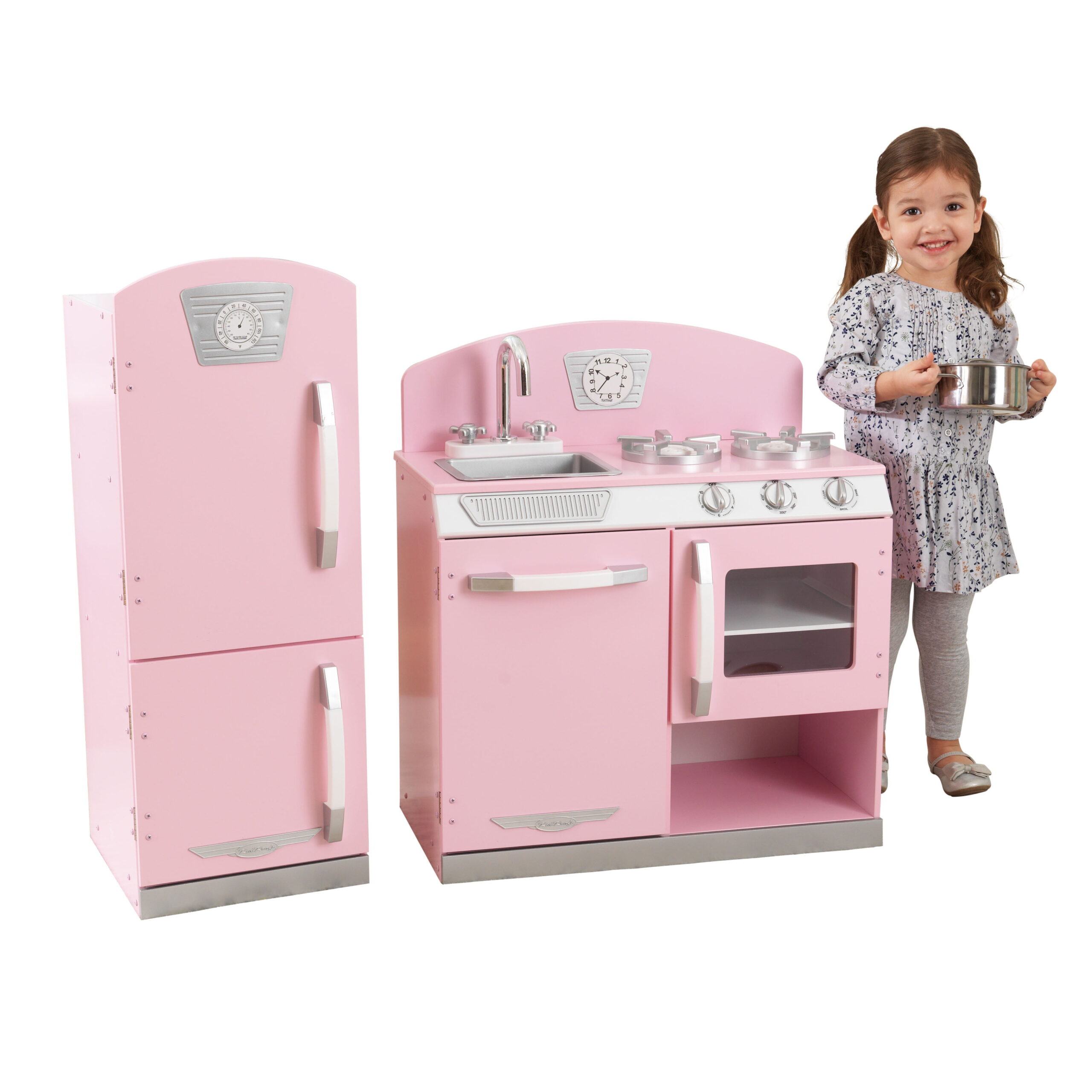 KidKraft Pink Retro Wooden Play Kitchen and Refrigerator 2-Piece Set