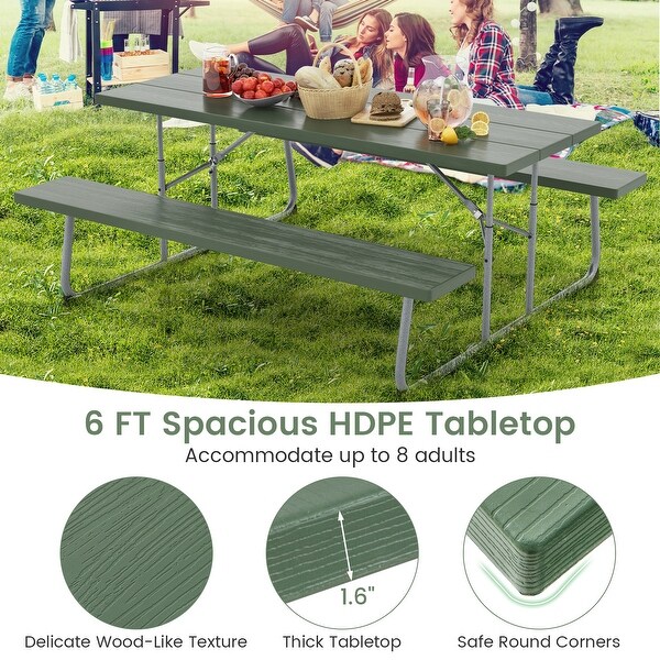 Folding Picnic Table Set with Metal Frame and AllWeather HDPE Tabletop，Umbrella Hole