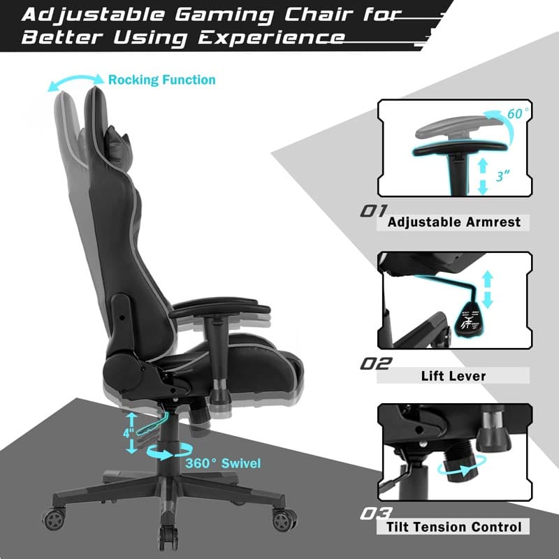 Ergonomic Swivel Massage Gaming Chair Recliner, E-Sport Gamer Racing Chair, Computer Office Chair with Headrest & Lumbar Support