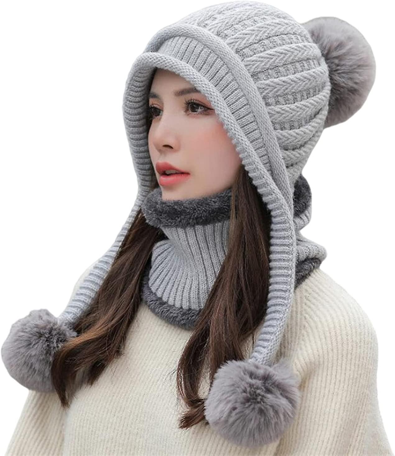 Women Winter Beanie Hat Peruvian Circle Scarf Set Ski Ear Flaps Caps Dual Layered Fleece Lined Pompoms E1925-gray -