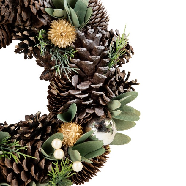 Northlight Silver And Green Mixed Foliage And Pinecone Christmas Wreath 13 5 inch Unlit