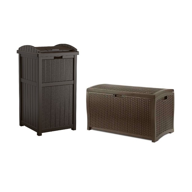 Suncast 33 Gal Hideaway Outdoor Trash Can And 73 Gal Waterproof Outdoor Deck Box