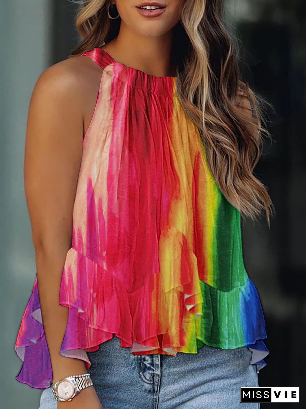 Women'S Tank Tops Multicolor Print Halter Ruffle Sleeveless Tank Tops