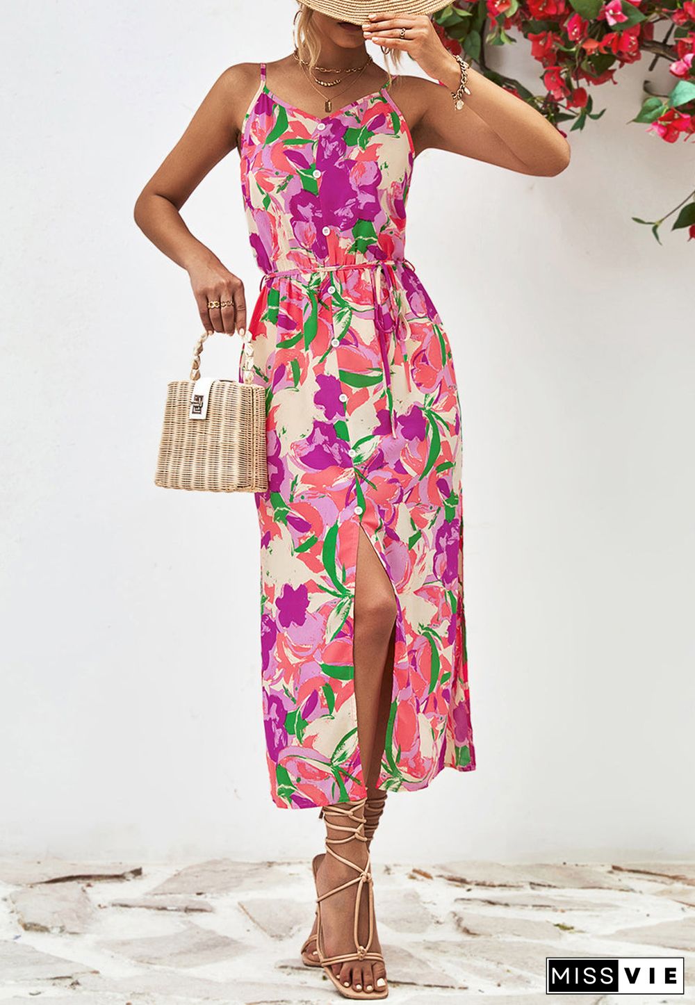 Abstract Floral Print V Neck Dress