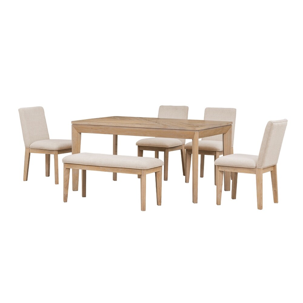 6 Piece Dining Wood Table Set with 4 Upholstered Dining Chairs and Bench  60\