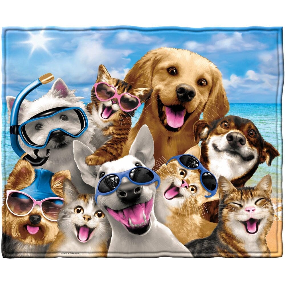 Dogs and Cats Beach Party Selfie Super Soft Plush Fleece Throw Blanket