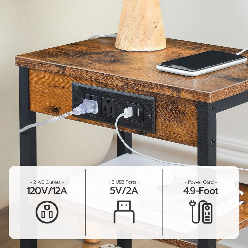 End Table Set of 2 with Charging Station and USB Ports  3 Tier Nightstands with Adjustable Shelf  Narrow Side Table