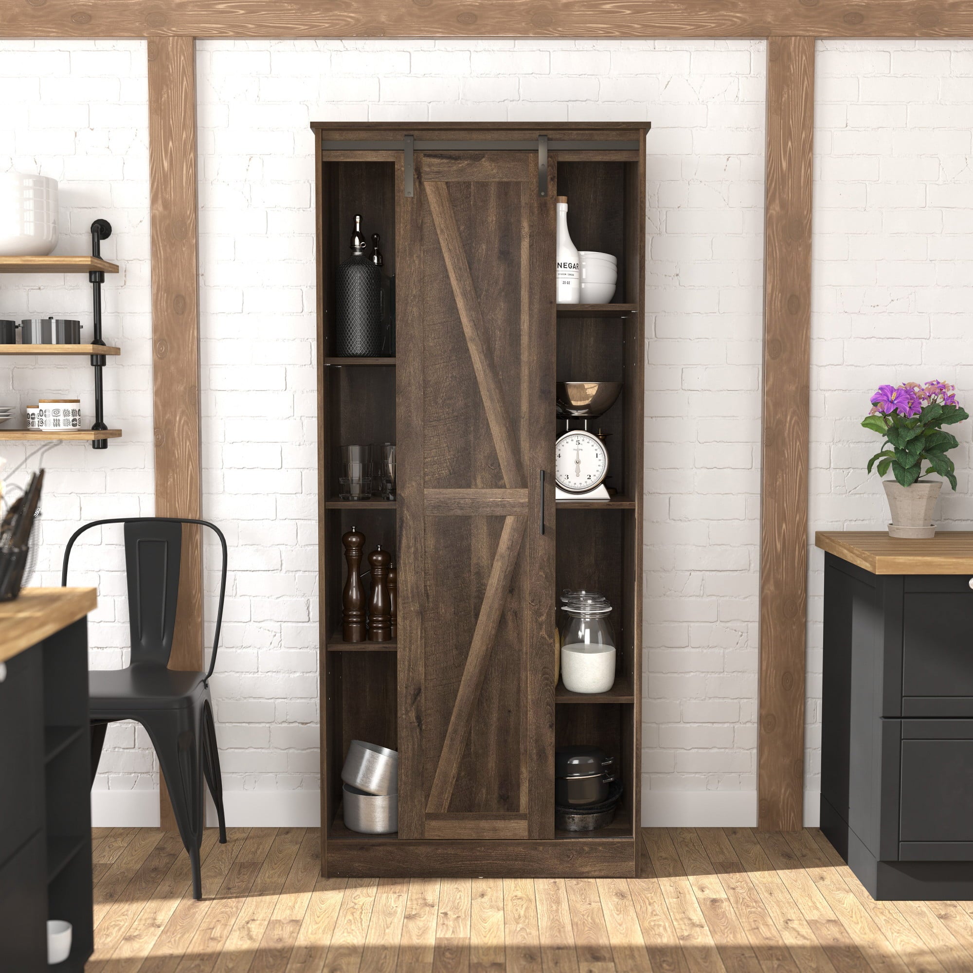 Woven Paths Shelton Wood Kitchen Pantry with 1 Sliding Barn Door， Dusty Oak