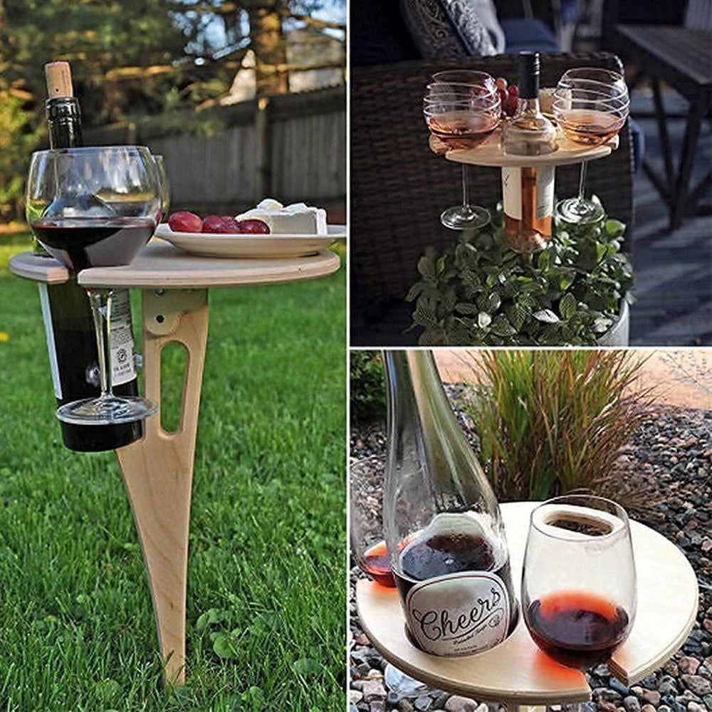 Outdoor Wine Table Picnic， Holder Portable Folding Wine with Round Desktop Wooden Picnic Table for Outdoor Picnic Wine Glass Holders， Gardening， Travel， Camping， BBQ， Party