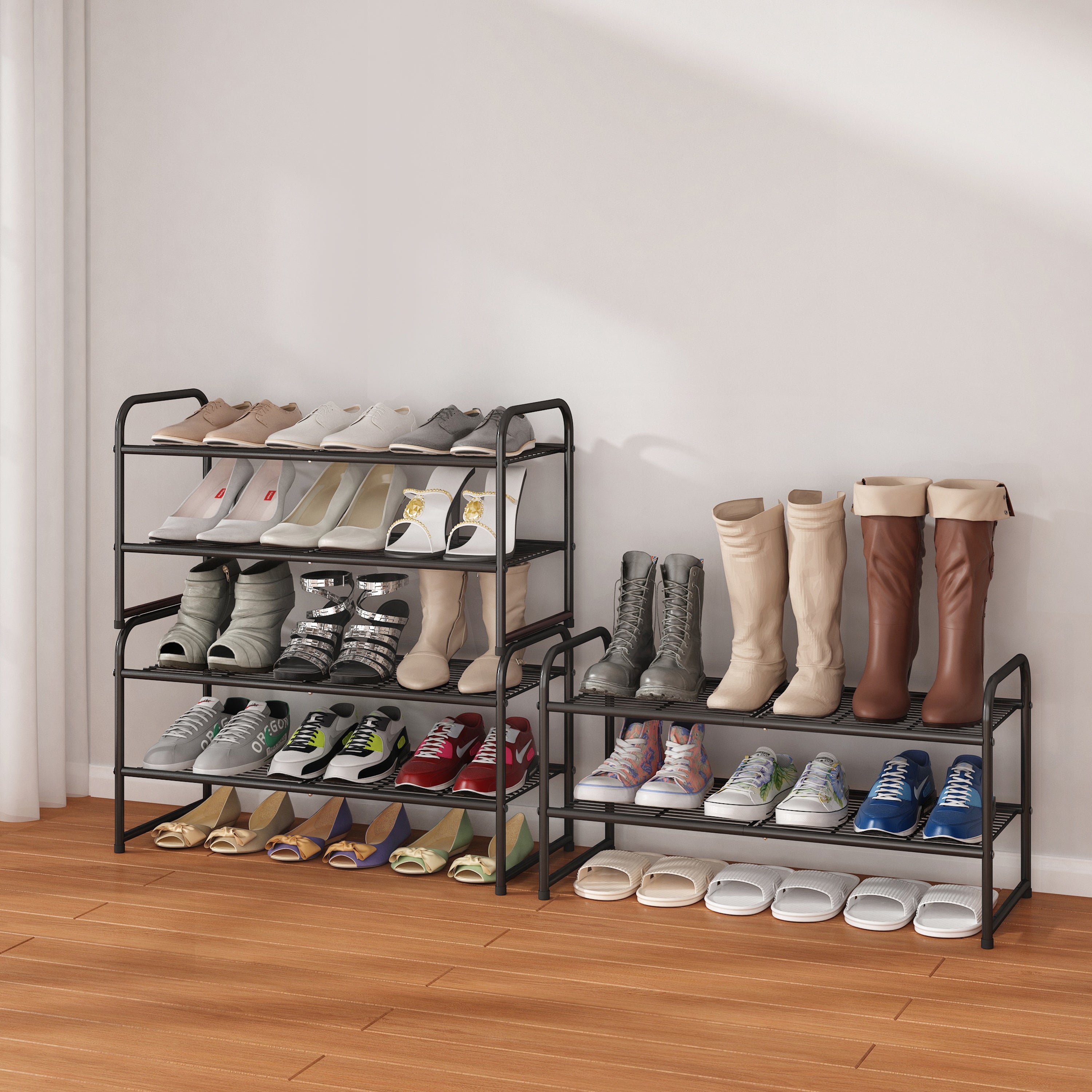 Simple Trending 2-Tier Stackable Shoe Rack， Metal Shoe Shelf Storage Organizer， Black