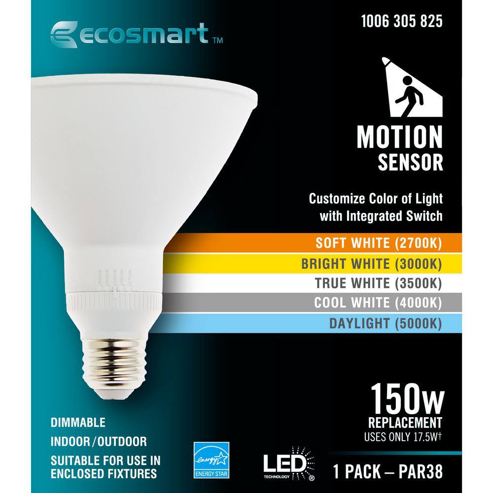 EcoSmart 150-Watt Equivalent PAR38 Dimmable CEC Flood LED Motion Sense Light Bulb with Selectable Color Temperature (1-Pack) G117P38MO5DUO