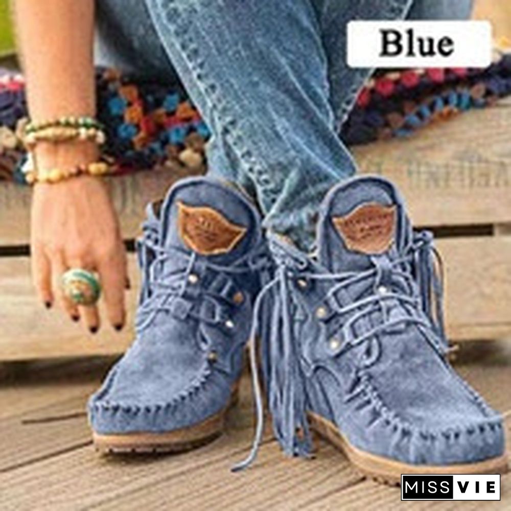 Women's Tassels Rivets Faux suede boots Moccasin Fringed  Faux Suede Boots