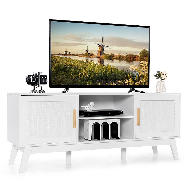 Tv Stand Entertainment Media Console With 2 Rattan Cabinets And Open Shelves-white