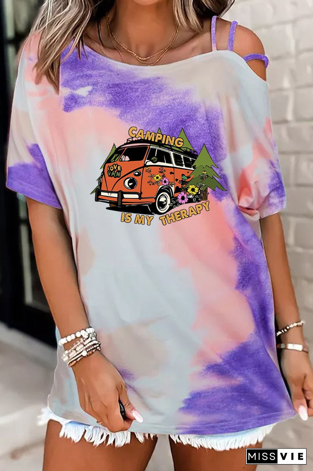 Camping Print Graphic Tees for Women Wholesale Short Sleeve T shirts Top