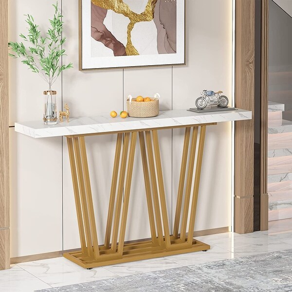 Faux Marble Wooden Console Table for Hallway， Entrance， White and Gold