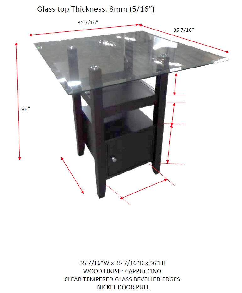 Lenn Counter Height Kitchen Dining Table， Cappuccino Wood， Beveled Glass Top， Transitional