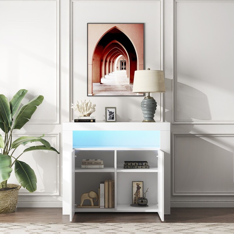 LED Light 2 Doors TV Stand  Modern Sideboard Storage Cabinet