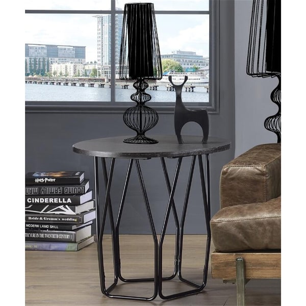 Sofa Table， Drum Shape Side Table with Wooden Top and Metal Frame