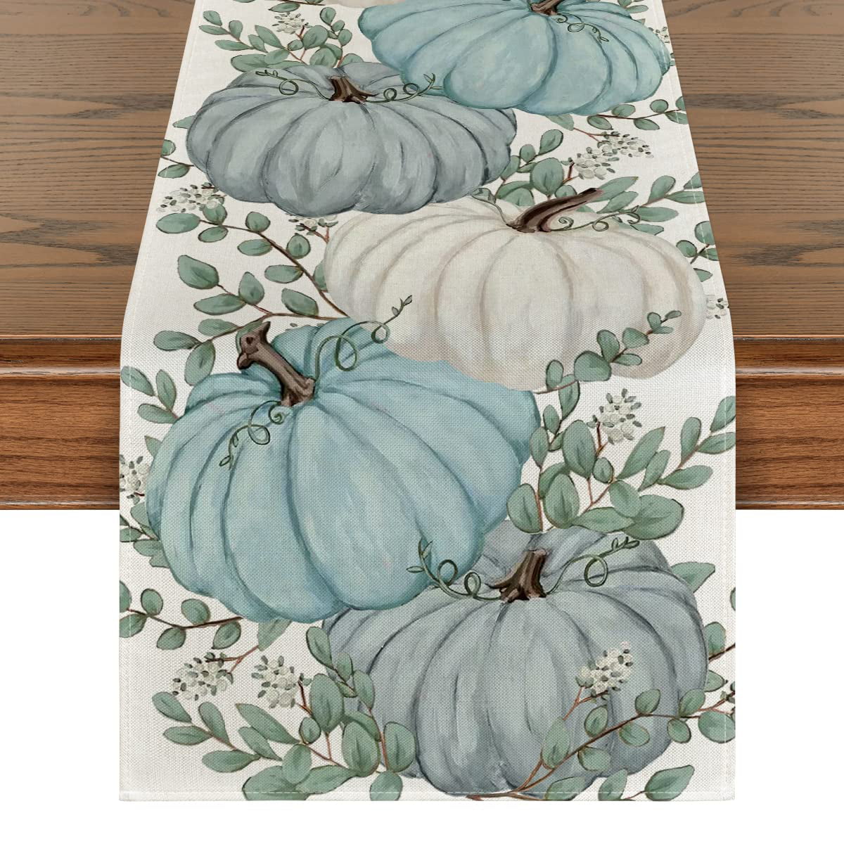 Sanmadrola Fall Table Runner Eucalyptus Leaves Pumpkins Table Runners for Thanksgiving Dining Kitchen Table Decorations Autumn Farmhouse Decor for Indoor Outdoor Party， 13 x 72 Inches