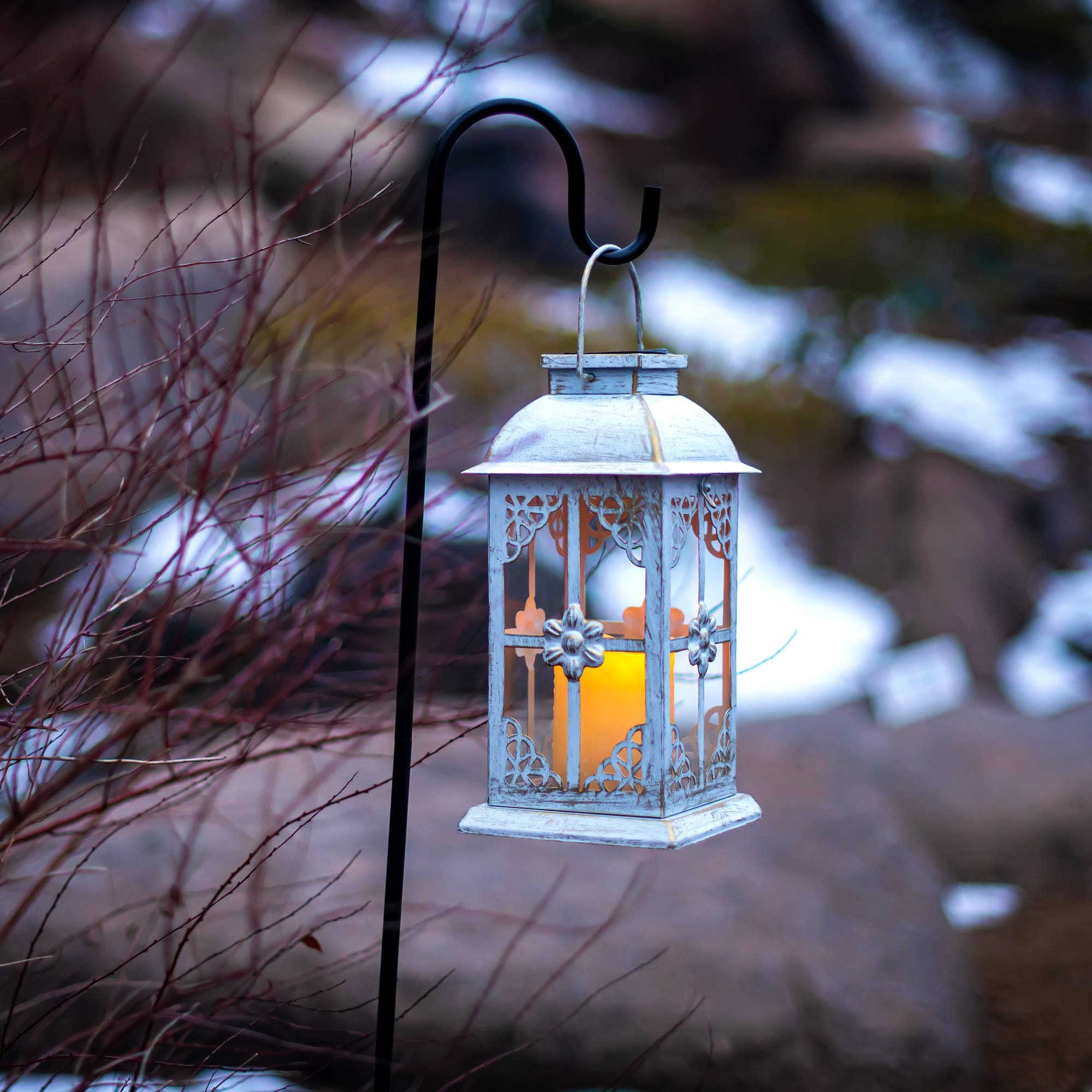 Solar Lantern Outdoor Hyacinth White Decor Antique Metal and Glass Construction Mission Solar Garden Lantern Indoor and Outdoor Solar Hanging Lantern Entirely Solar Powered Lantern of Low Maintenance