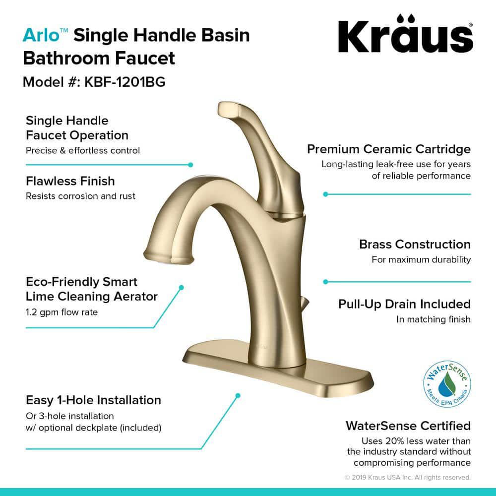 KRAUS Arlo Brushed Gold Basin Bathroom Faucet with Lift Rod Drain and Deck Plate