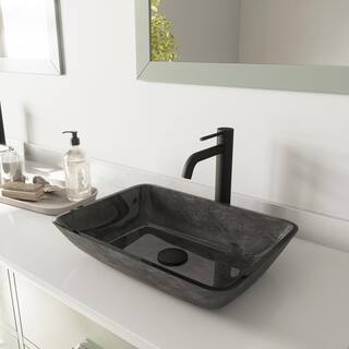 VIGO Glass Rectangular Vessel Bathroom Sink in Onyx Gray with Lexington Faucet and Pop-Up Drain in Matte Black VGT1416