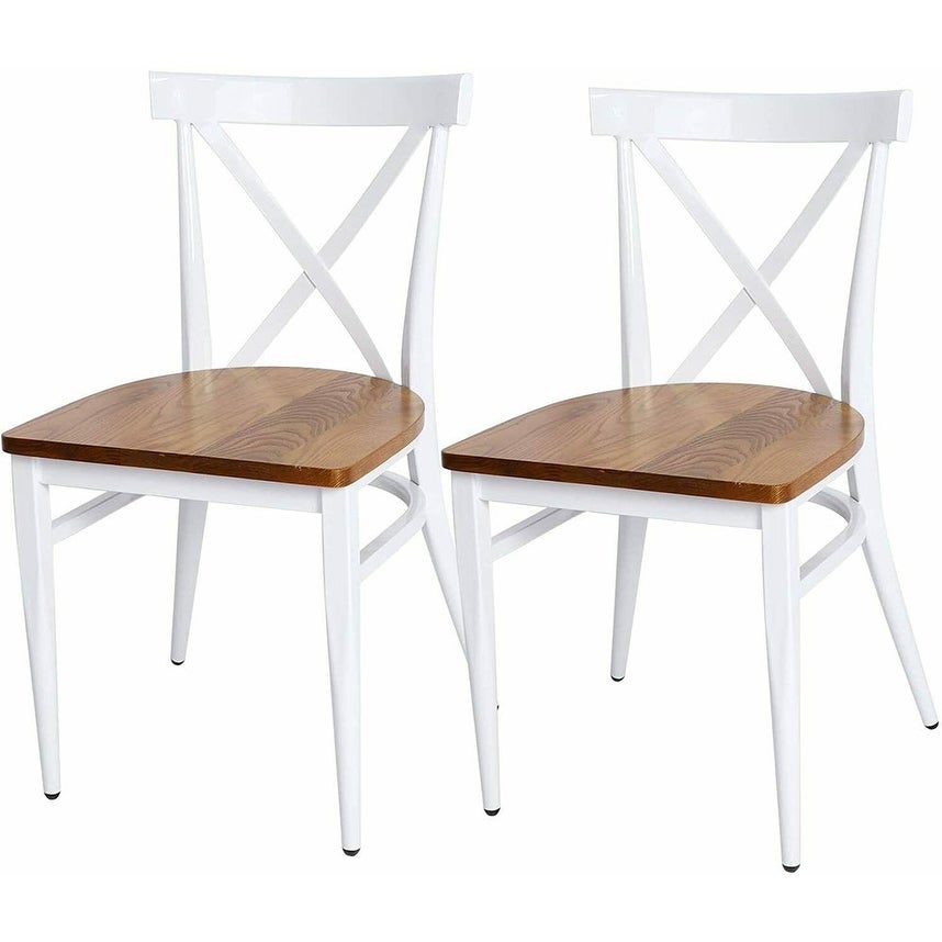 Set of 2 Dining Room Chairs Metal Frame Wood Seat Cross Back Side Seat Kitchen - 16.5L x 19W x 33.8H