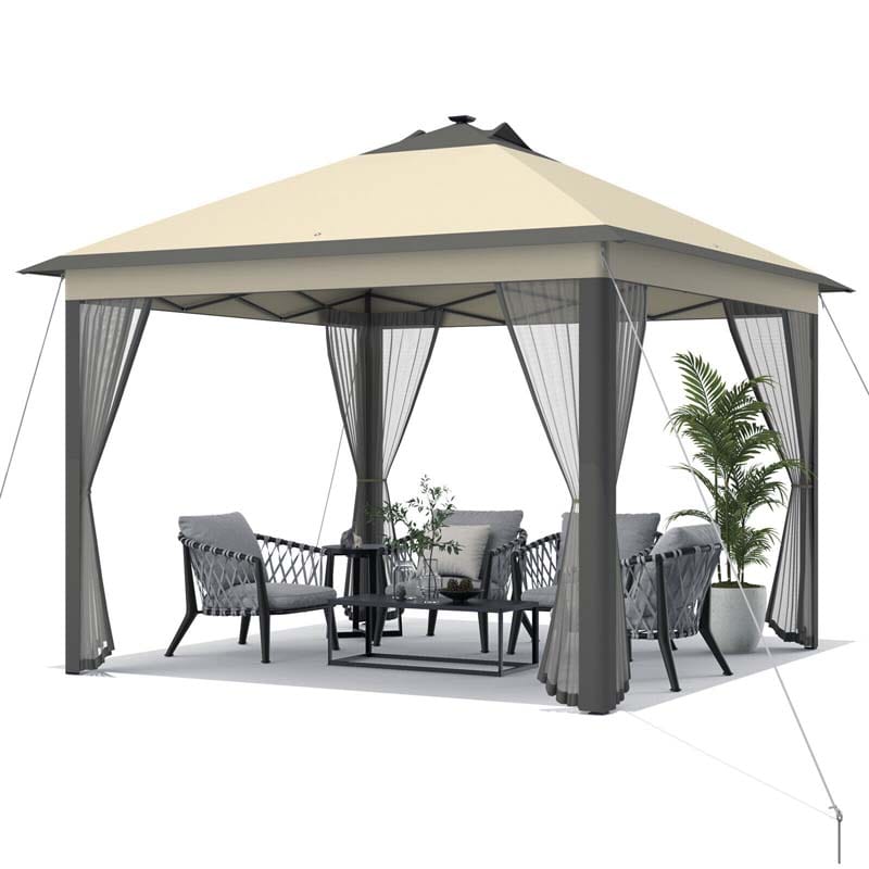 11 x 11 FT Pop-Up Gazebo Tent Portable Canopy Shelter with Carry Bag & Mesh Netting & LED Lights