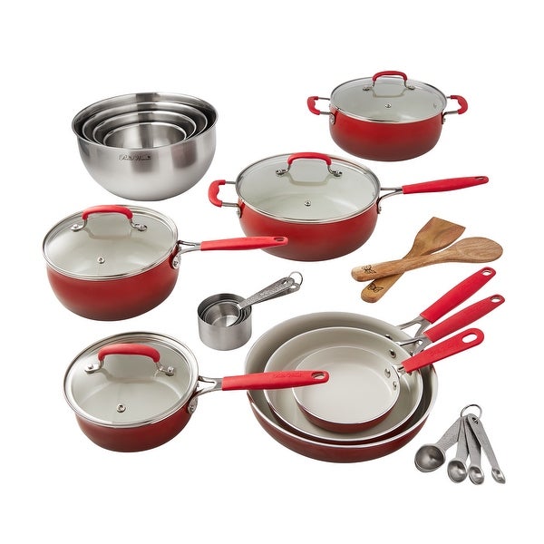 25 Piece Ceramic Nonstick Aluminum Easy Clean Cookware Set， Ombre Red