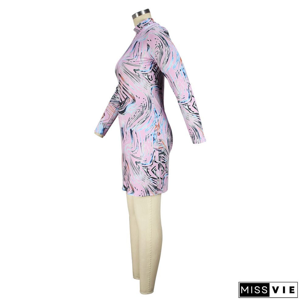 Abstract print Long Sleeve O Neck Pencil Dress