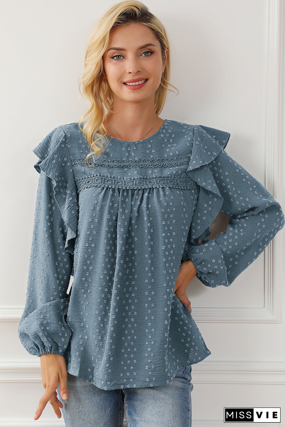 Lace Eyelet Ruffle Shoulder Long Sleeve Blouse