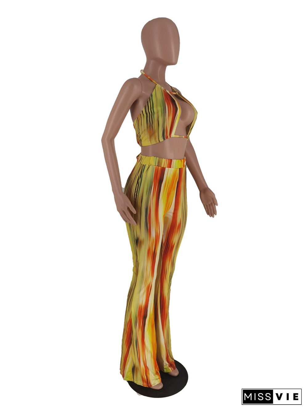 Tie Dye Halter Crop Top and Flared Pants Matching Suit