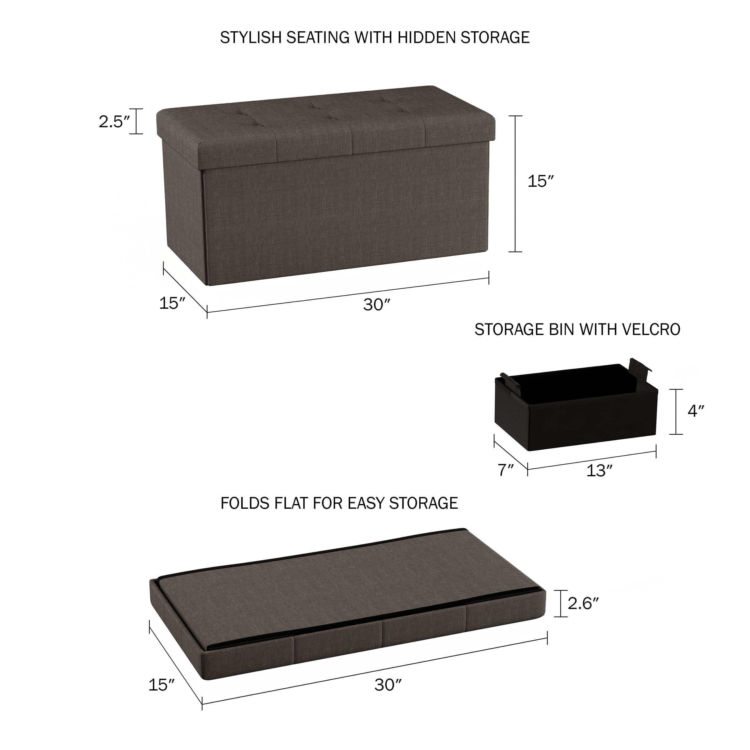 Lavish Home Storage & Tufted Bench, Dark Gray