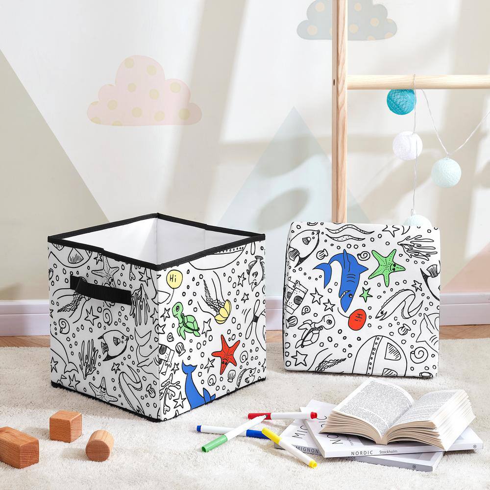 BAUM Kid's White Coloring Storage Cube Bin with lids including 4 Pack of Washable Markers 21A353UE