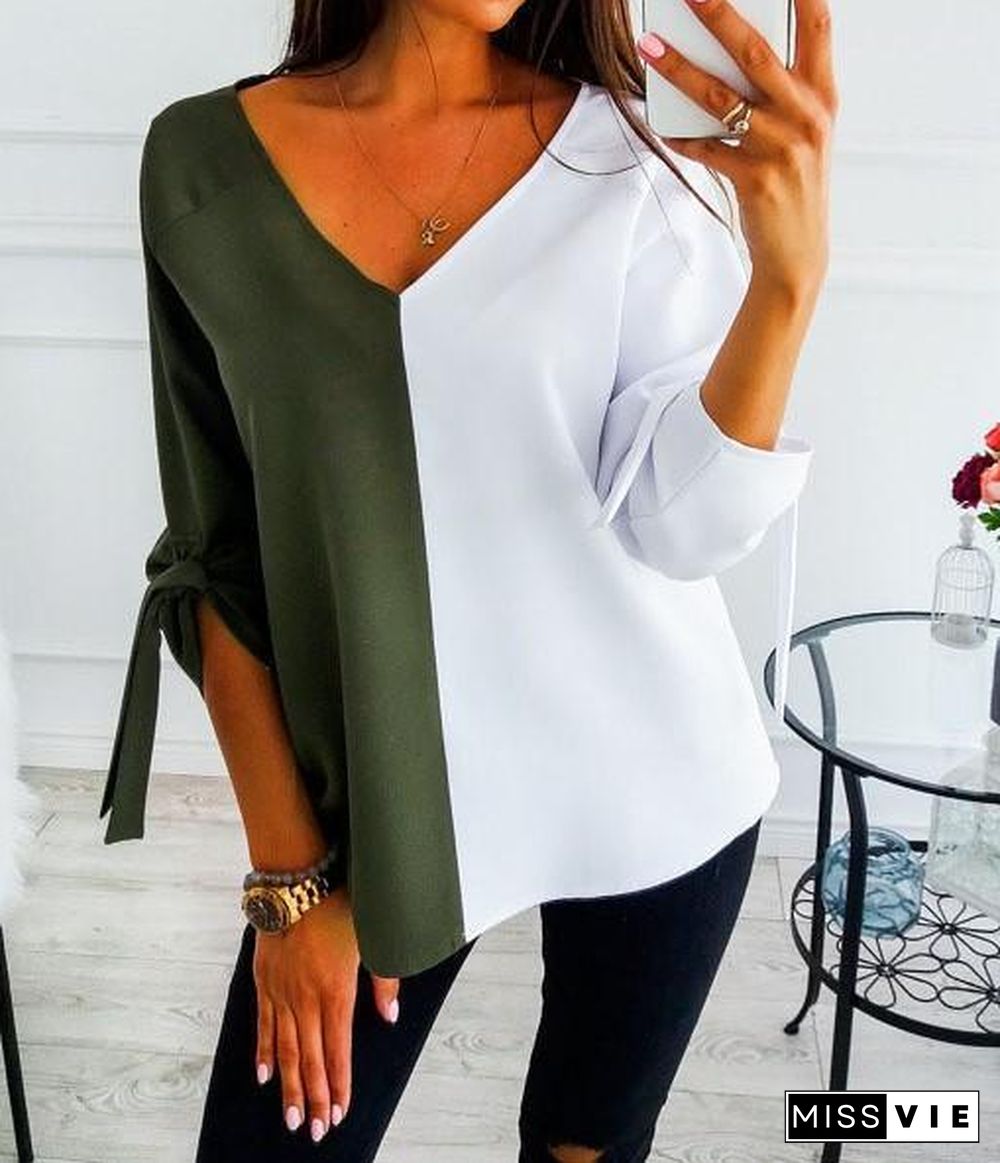 Solid Elegant V Neck Bow Color-Block T-shirts Tops