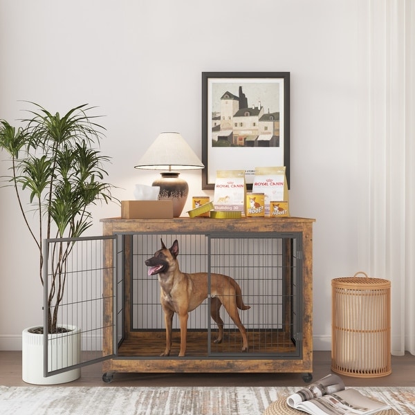 Industrial Wooden Iron Dog Crate， Dog Kennels with 3 Doors and Wheels， Pet Crate Side End Table for Medium and Small Dog