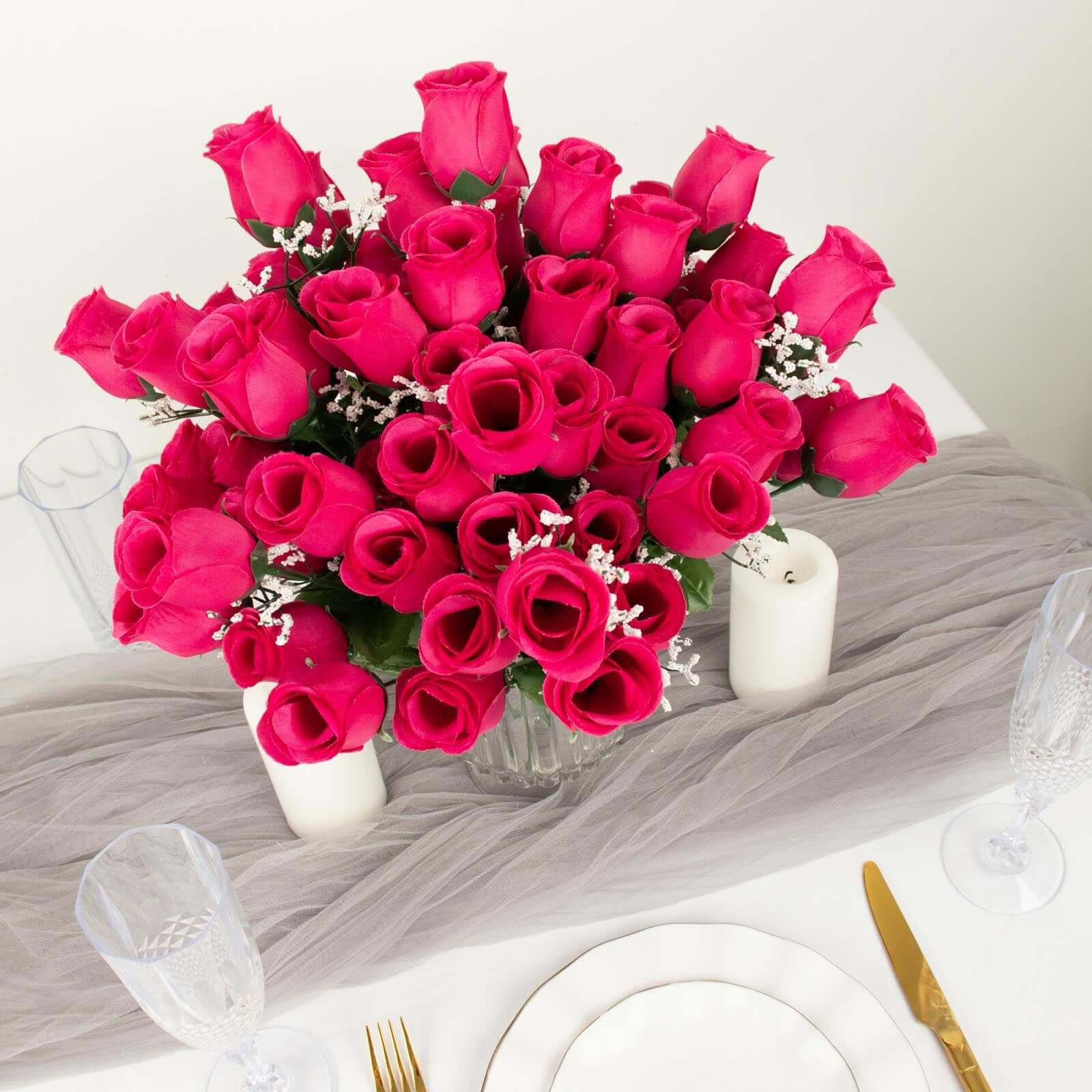 12 Bushes Fuchsia Artificial Premium Silk Flower Rose Bud Bouquets