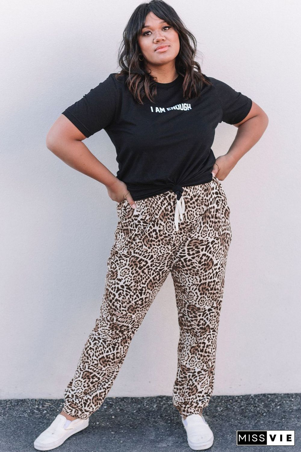 Leopard Print Ripped Drawstring Mid Waist Plus Size Pants