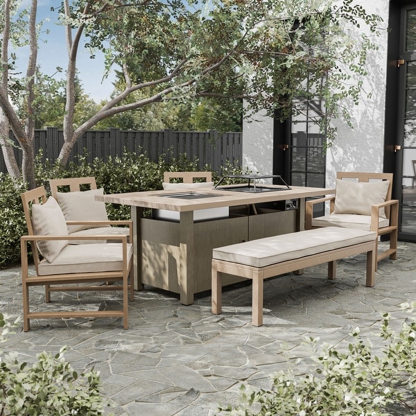 Gordon 6Piece Outdoor Patio Firepit Dining Set with Bench and Cushions