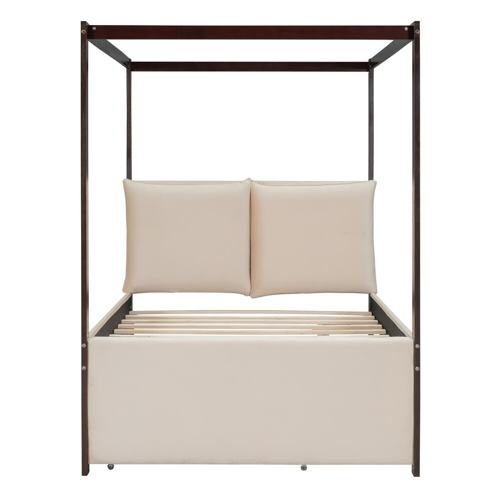 Full Size Canopy Bed Storage Bed with Trundle  Velvet Upholstered Elegance Four Poster Bed Trundle Bed with 3 Drawers