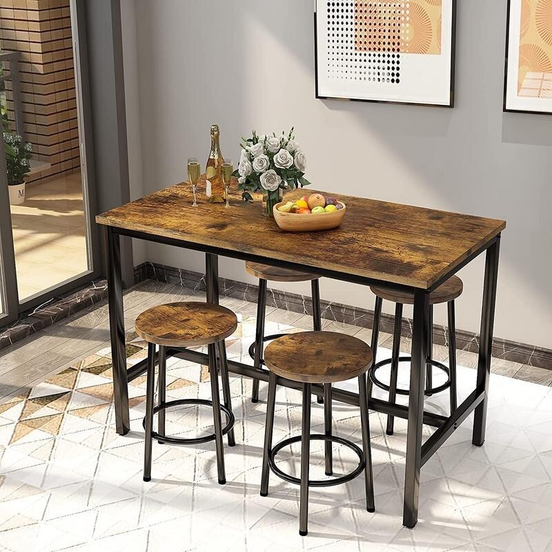 Industrial Dining Table Chair Set Kitchen Counter Height Pub Table with 4 Round Chairs ( Set of 5)